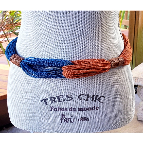 NEW Women's Entwined Teal blue & Rust Natural Tie Rope Braided Belt O/S - Picture 1 of 8